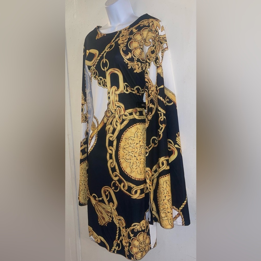 Ashley Stewart Black and Gold Chain Print Dress - Picture 2 of 7